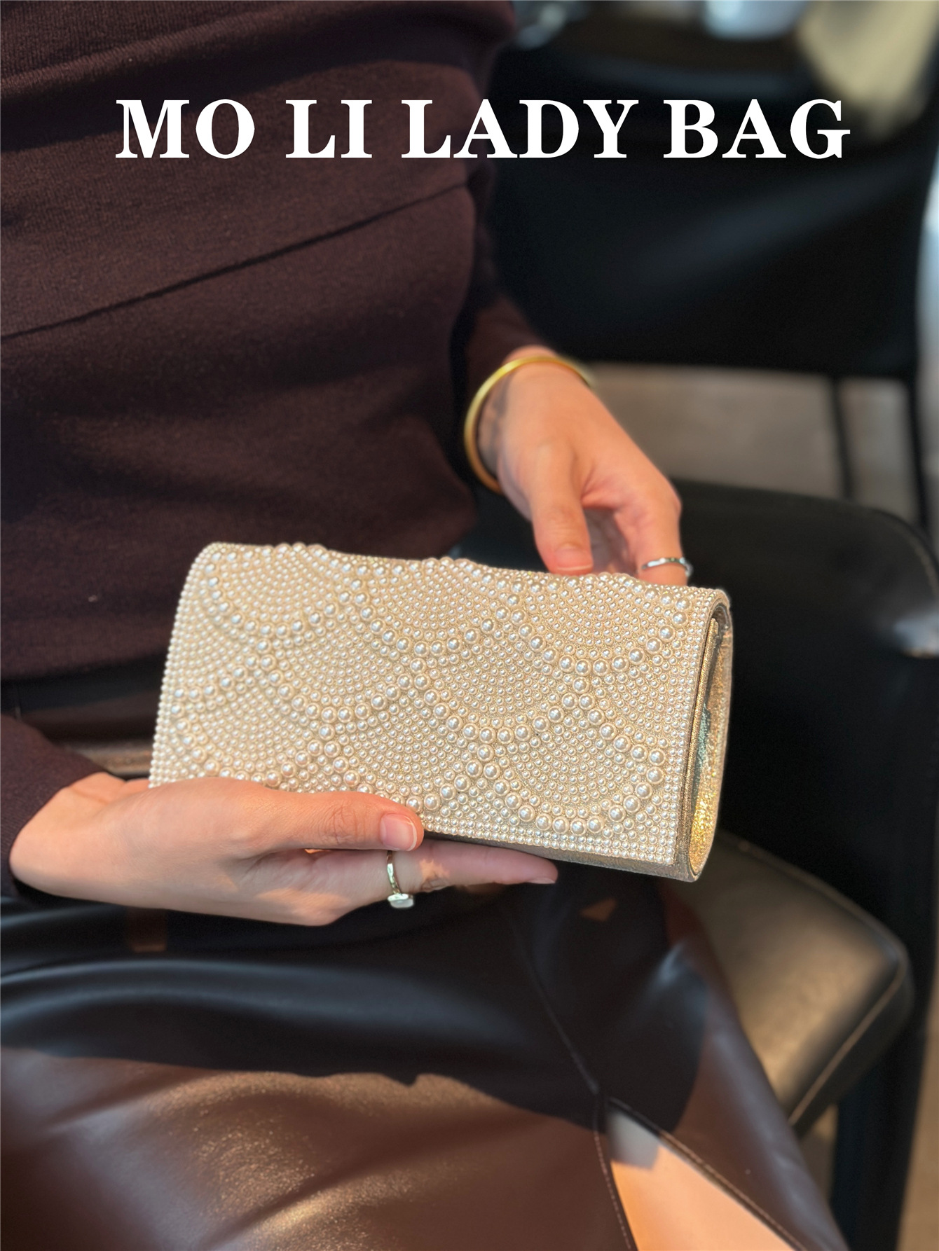 Bolso de Mano de Noche con Perlas, Poliéster, Decoración de Perlas y Cadena, para Fiesta de Noche y Bodas image 3
