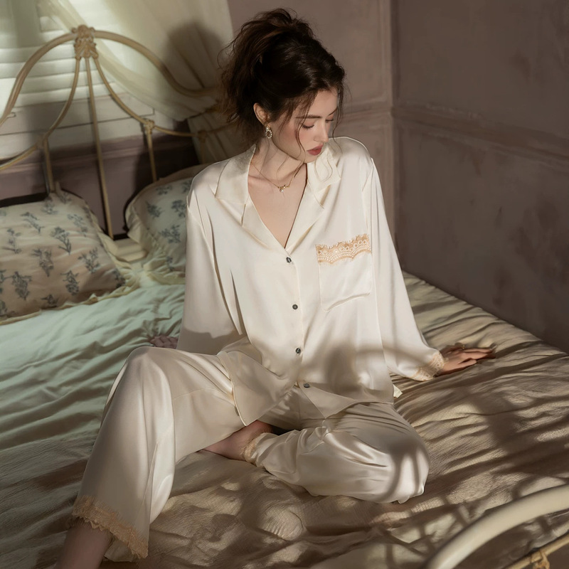 2026 Spring and Autumn Pajamas Ice Silk Lace Shirt Long Sleeve Two-Piece Set Silk Loose Home Wear Can Be Worn Outside Women's Summer 2026 Spring and Autumn Pajamas Ice Silk Lace Shirt Long Sleeve Two-Piece Set Silk Loose Home Wear Can Be Worn Outside Women's Summer
