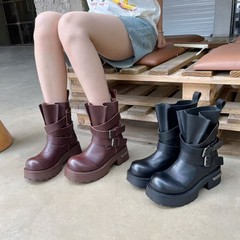 2025秋冬新款超火厚底中筒机车靴增高马丁靴女ins潮皮带扣骑士靴
