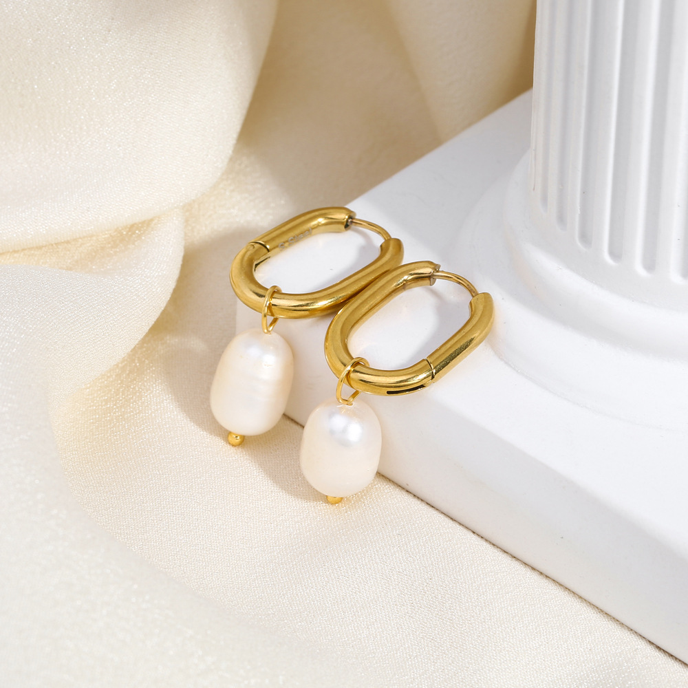 Real Gold Plated Plating Material Freshwater Pearl Inlay Material PVD Coated Real Gold Plated 18K Gold U Shape 201 Stainless Steel Freshwater Pearl Elegant Waterproof Non Tarnish Drop Earrings