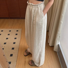 日系棉麻裤子慵懒垂感拖地休闲裤女薄款条纹亚麻阔腿裤高腰长裤夏