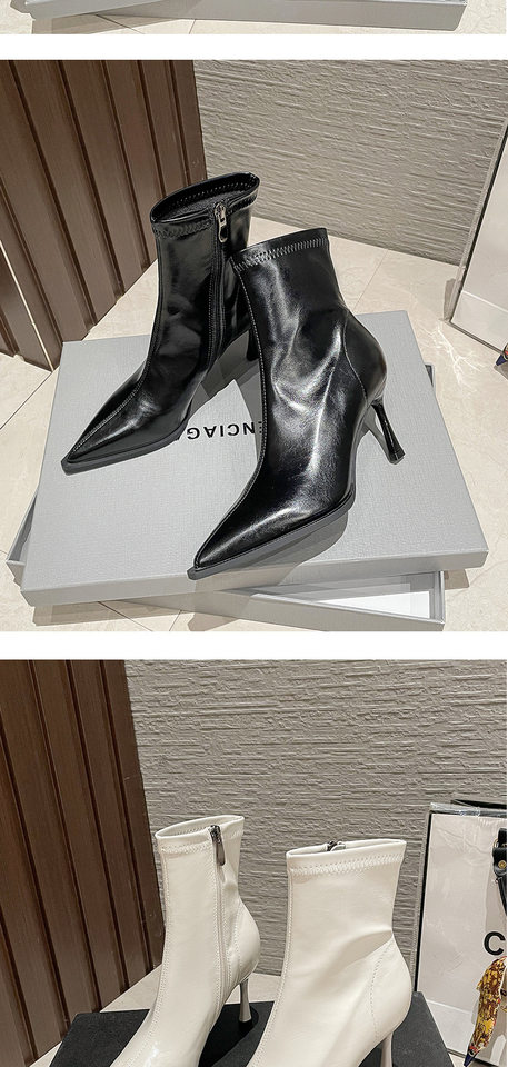 Bốt nữ ngắn mũi nhọn co giãn gót nhọn 6–8 cm, khóa kéo bên, lót nhung — Lớp lót nhung đen JH, Màu nâu lót nhung, Màu đen lót nhung, JH da đen chi tiết 11