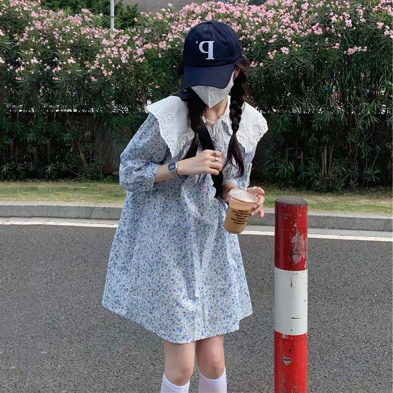 夏季新款韩版复古ins娃娃领裙子超仙显瘦碎花连衣裙女学生潮
