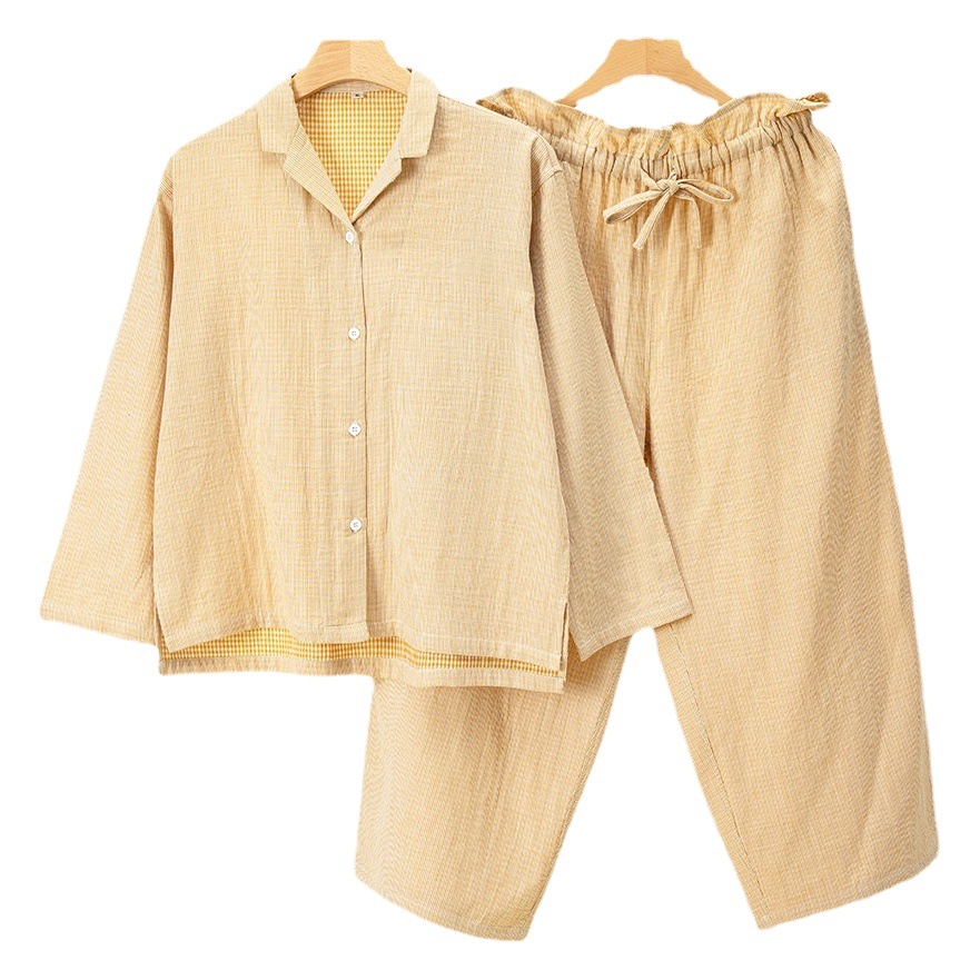 Pijamas largos de algodón de estilo japonés, pantalones de hilo de algodón de doble capa de primavera y otoño para mujer, estilo delgado, servicio a domicilio de manga larga, estilo suelto