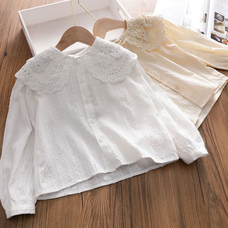 Primavera y otoño camisas de ropa de niñas bebés estilo extranjero marca de moda personalidad coreana encaje dulce camisa blanca hueca