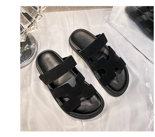 [Same style as Su Yinyin] Super Second Uncle_Genuine leather Velcro casual thick-soled H slippers for women to wear outside summer