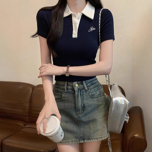 Women's Summer Polo Collar Short Sleeve T-Shirt with Unique Design, Fitted Waist Sweet and Spicy Style Top, Ins Inspired Splicing Style