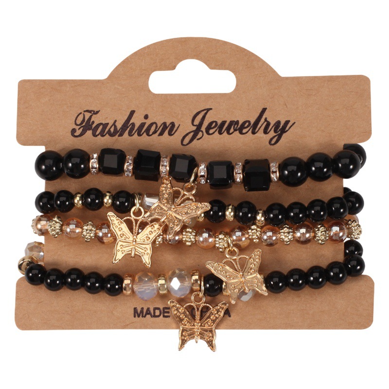 Bohemian Multi-Layered Butterfly Hanging Bracelet, Hand-Beaded 4 Pieces/Set, Artificial Crystal Glass Diamond Bracelet