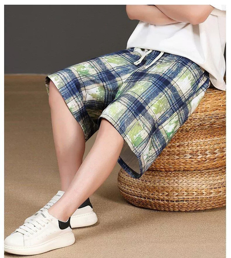 Men's Tie Dye Plaid Shorts High Street Trendy Summer Thin Casual Retro Style Loose Five Point Pants_viptrois.com