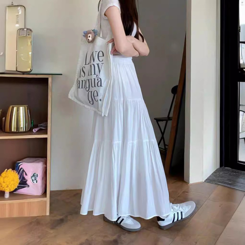 白いハーフスカート レディース 夏 ハイウエスト Aラインスカート ケーキスカート 優しい雰囲気 ロングスカート デザイン性のあるニッチスカート 卸売|undefined