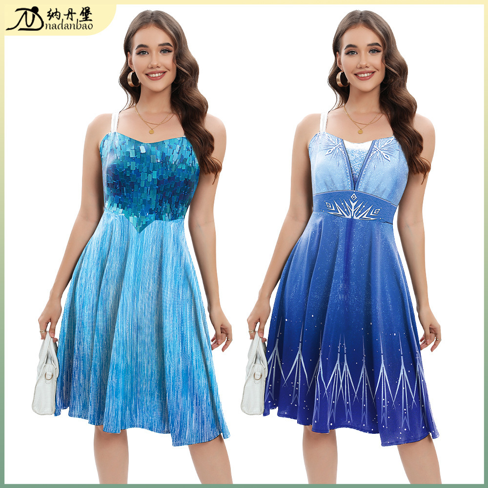 冰雪奇缘万圣节裙子欧美跨境新品数码印花连衣裙爱莎公主裙吊带裙