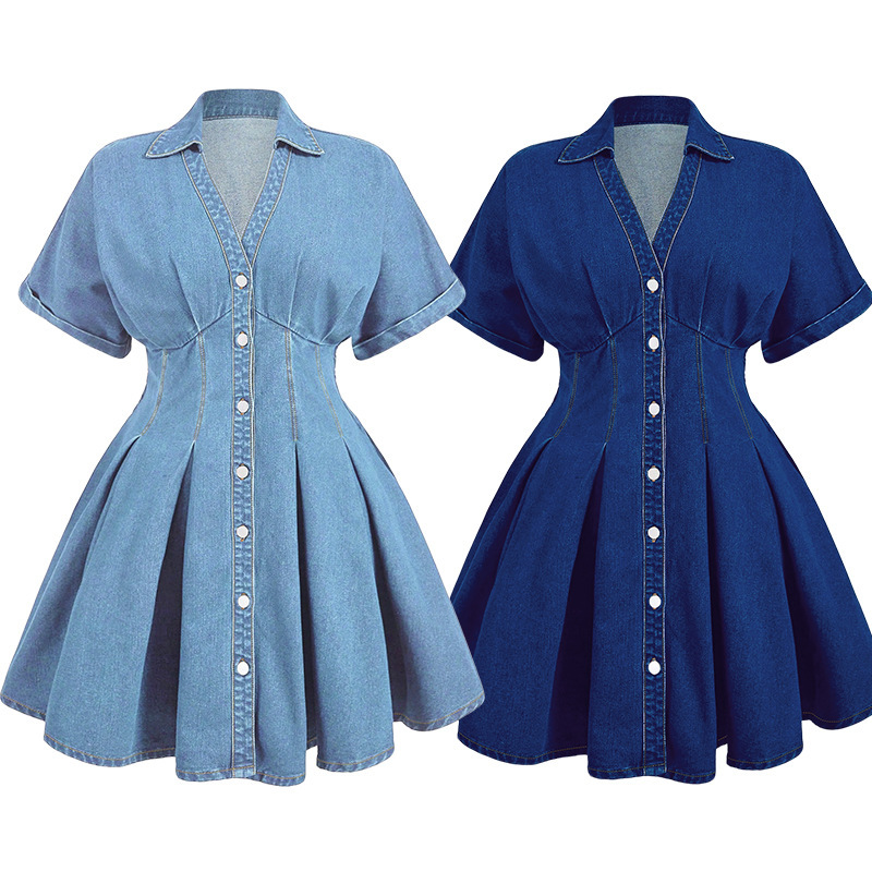 218976 # Elegant and Stylish Daily Commuting V-Neck Short-Sleeved Waist-Cinching Women's Denim Dress Factory Direct Sale