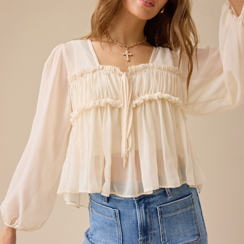 2025 New Autumn European and American Cross-Border Ruffle Tie Chiffon Women's Shirt Sweet Long-Sleeve Top Foreign Trade Ruffled Edge