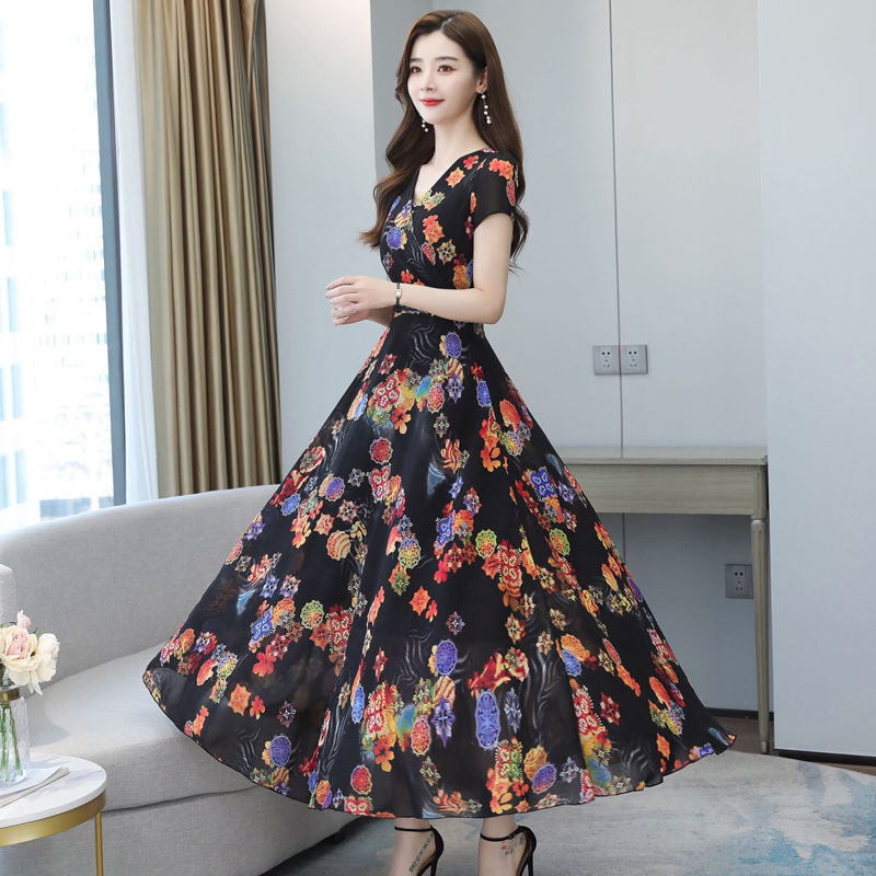여성스러운 꽃무늬 원피스, 2026년 여름 신상, 슬림핏, 우아한 라지 스윙 비치 원피스, 미디 길이