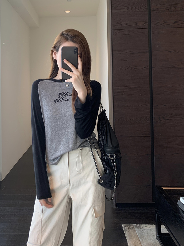 元气减龄 时髦拼色插肩袖天丝羊毛打底衫女上衣秋冬新款|undefined