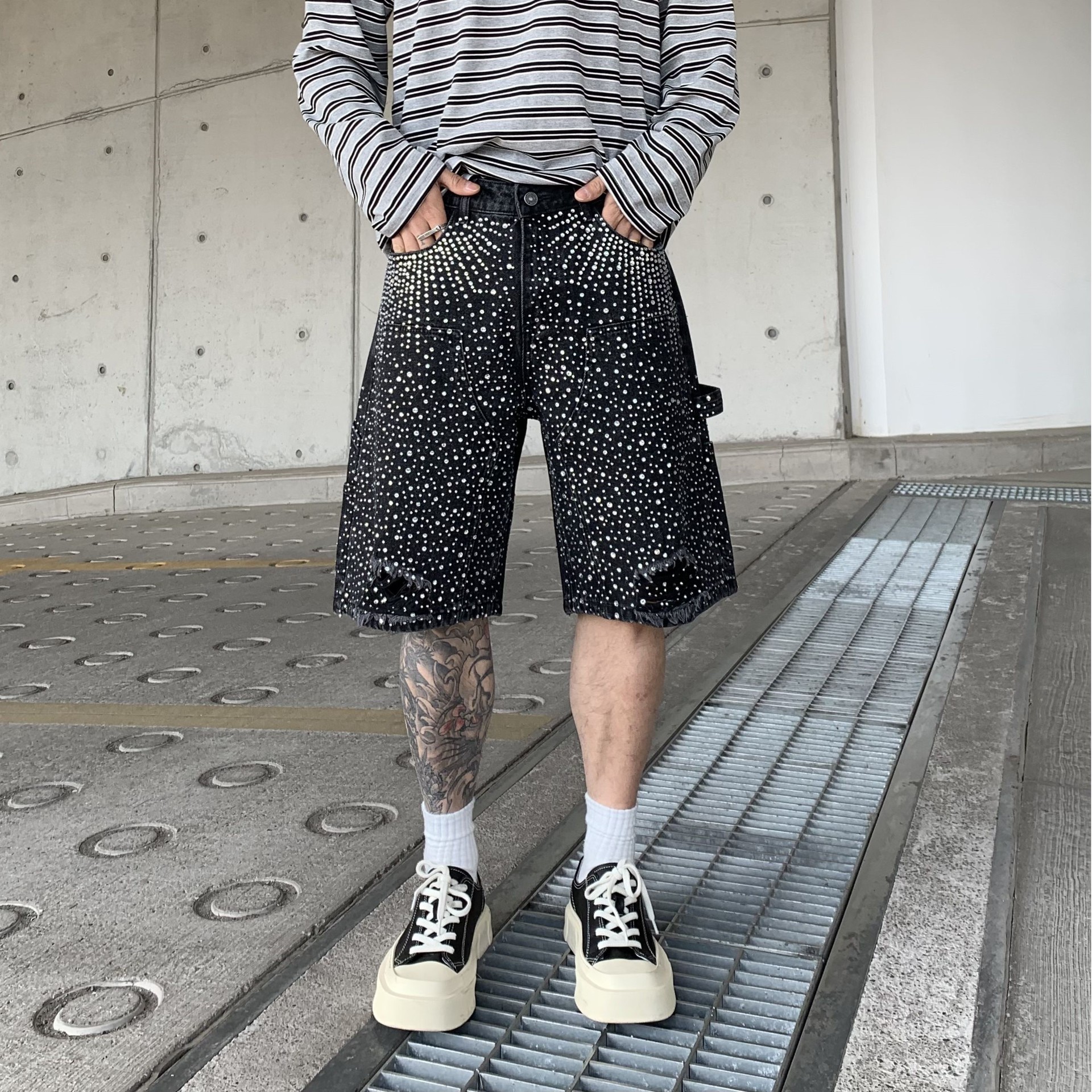 跨境欧美高街镶钻满钻牛仔短裤男夏季新款破洞工装渐变七分裤男士