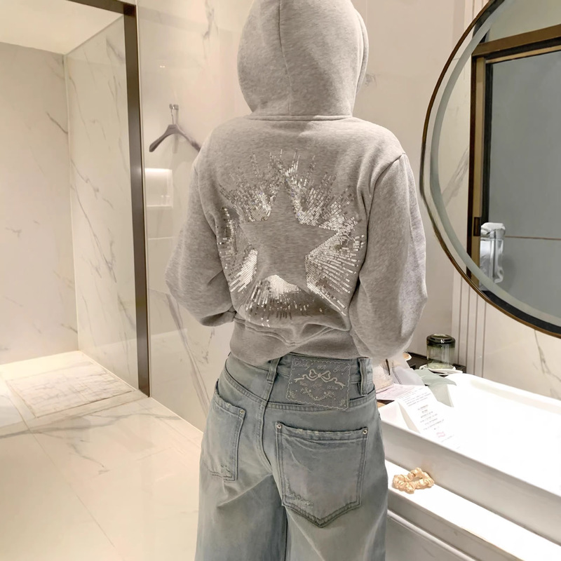 Gorgeous Gray Hooded Star Sequin Short Sweatshirt for Women, Winter Fleece-Lined and Thickened, High-End Short Jacket