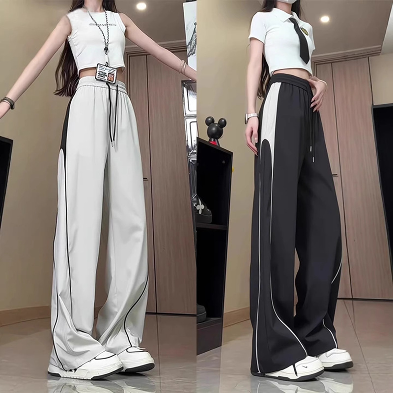 American Retro Style Patchwork Ice Silk Cool Quick-Dry Casual Pants for Men and Women, Summer High-Waisted Long Straight Pants for Tall Individuals