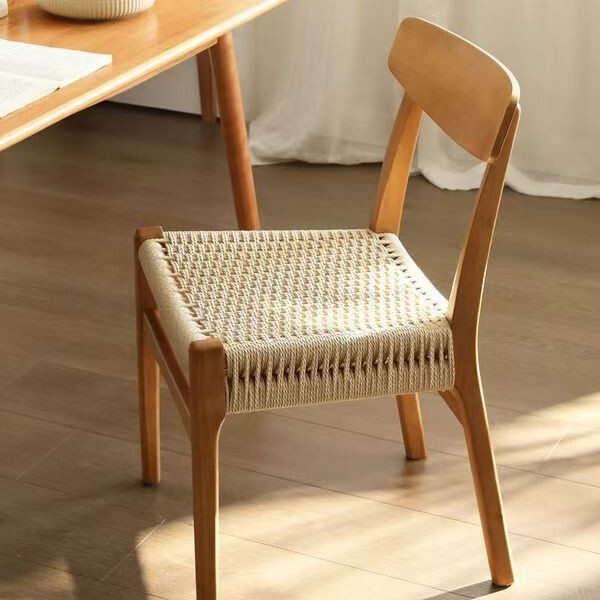 Vintage Solid Wood Rope-Woven Dining Table and Chairs, Wabi-Sabi Natural Wood Home-Use Woven Makeup Chair, Nordic Mid-Century Rattan Backrest Desk Stool
