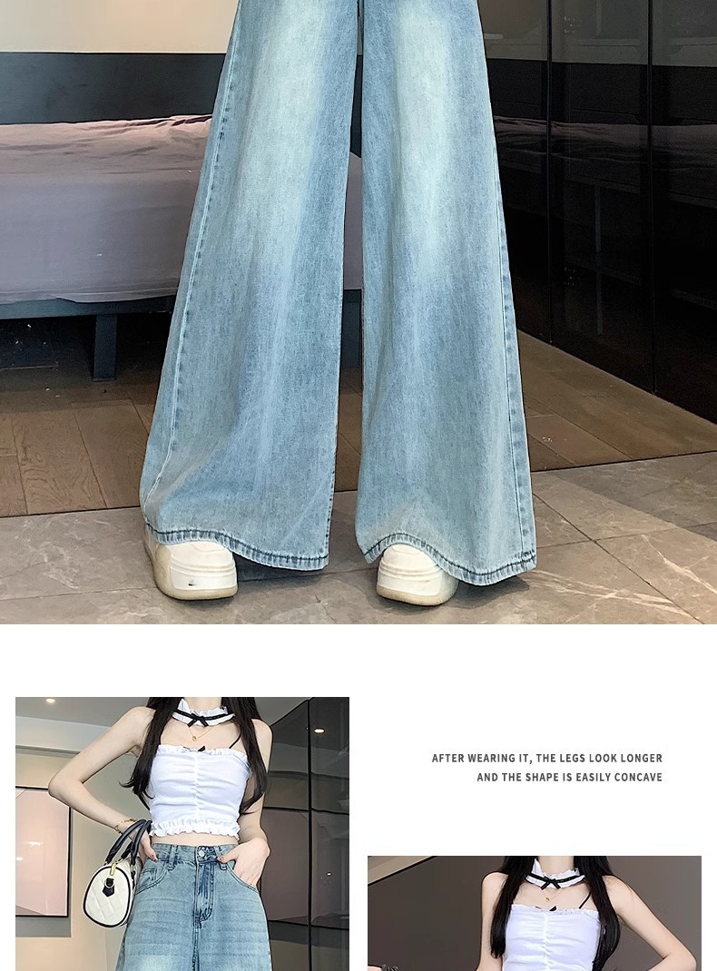 Women's Summer Thin Light Blue Wide Leg Jeans High Waist Slimming Loose Fit Straight Leg Floor Length Pants Plus Size_ecoleips.com