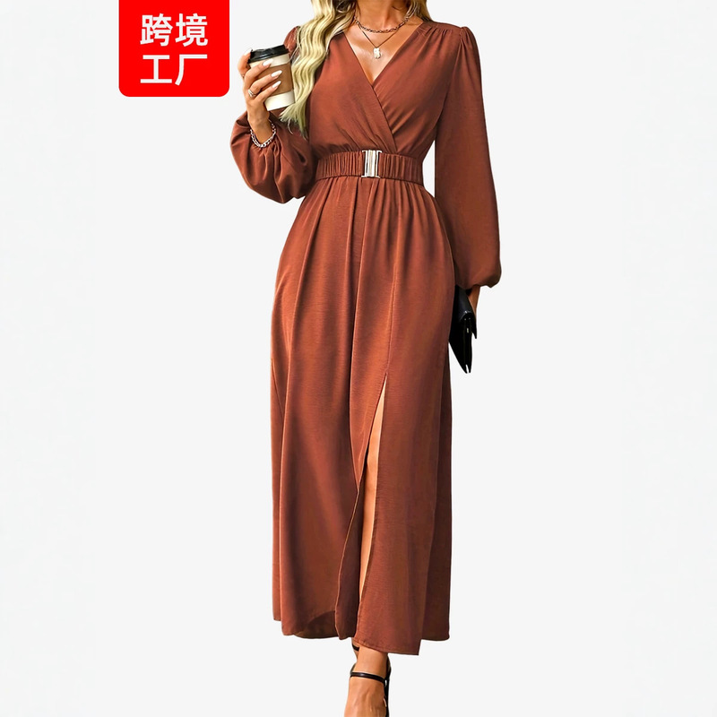 Cross-Border Dropshipping of European and American Style Solid Color V-Neck Dress with Waist-Cinching Slit and Lantern Sleeves, Elegant Long Women's Dress Wholesale Cross-Border Dropshipping of European and American Style Solid Color V-Neck Dress with Waist-Cinching Slit and Lantern Sleeves, Elegant Long Women's Dress Wholesale