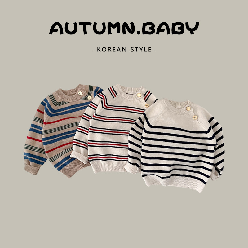 Classic Nordic style comfortable knitted top, spring baby and toddler striped long-sleeved sweater for boys and girls.