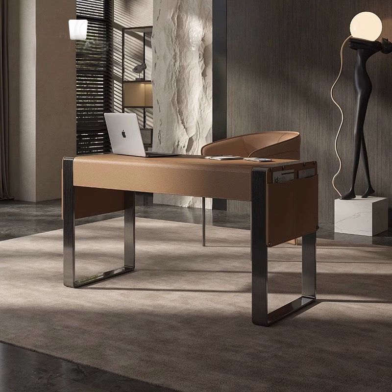 书桌意式极简书房家用马鞍皮办公桌实木设计师简约现代轻奢电脑桌