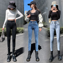 牛仔褲女緊身彈力新款韓版洋氣高腰收腹淺時尚修身加絨鉛筆小腳褲