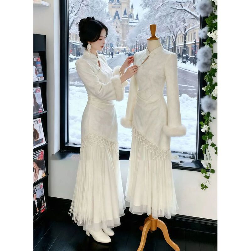 New Chinese-Style National Style Mesh Patchwork Improved Cheongsam Dress, Beautiful Dress for Attending Important Occasions, Winter 2025