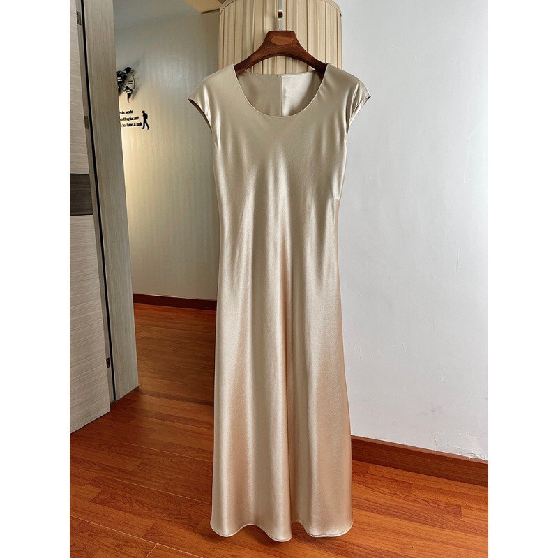 Satin triacetate dress for women! Elegant raglan sleeve short sleeve tight waist sheath dress summer thin drape