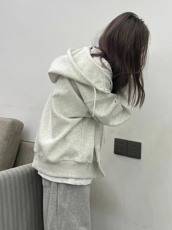 灰色气质连帽拉链卫衣外套女秋装加绒秋季设计感oversize穿搭上衣|undefined