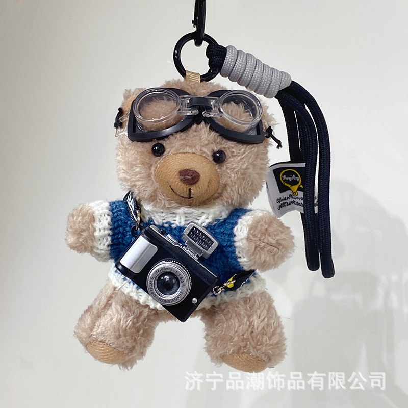 original camera bear cute bag charm plush puppet and doll schoolbag pendant couple keychain creative gift