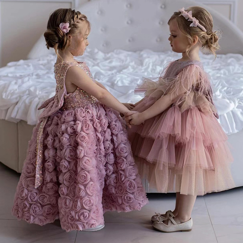 Vestido de un año de edad vestido de princesa elegante ropa para niños vestido de hadas de flores de Rosa 2024 nuevo vestido de niña de princesa de estilo occidental