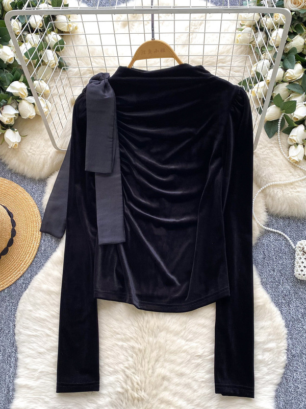 Atmospheric Bow-Tie Long-Sleeved Velvet Bottoming Top for Women 2025 Autumn French Versatile Slim and Chic Shirt