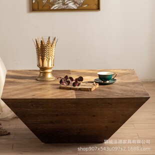 Wabi-Sabi Style Retro Solid Wood Coffee Table American Living Room Sofa Side Table Hollow Storage Corner Table B&B Bedside Table