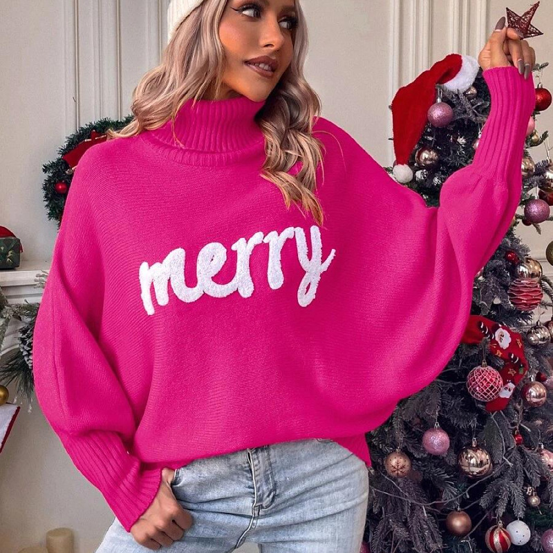 Processing and Customization of European, American and Russian Export Cross-Border Women's Christmas Knitwears Fashionable Loose Turtleneck Knitwears for Women