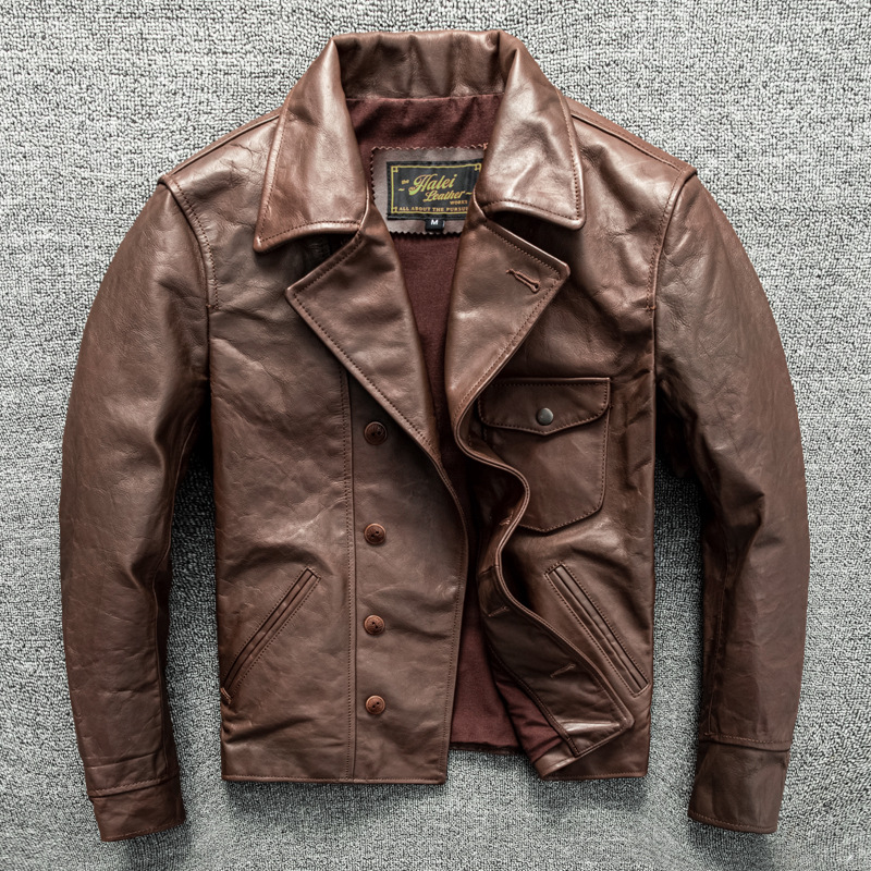 孟加拉植鞣头层牛皮加州小熊男士真皮皮衣机车服成衣重水洗外套