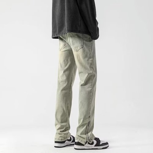 Spring/Autumn Yellow Mud-Dyed Flared Jeans for Men, Washed American-Style Pants with High-Street Fashion Brand Design—Featuring a Zipper and Split Crotch for a Straight-Leg Look