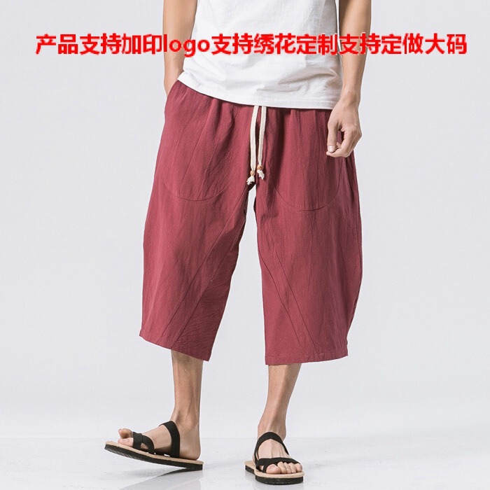 Amazon Summer Men's Cotton and Linen 3/4 Pants Solid Color Breathable Comfortable Linen Lace-up Straight Shorts Japanese and Korean Style for Men