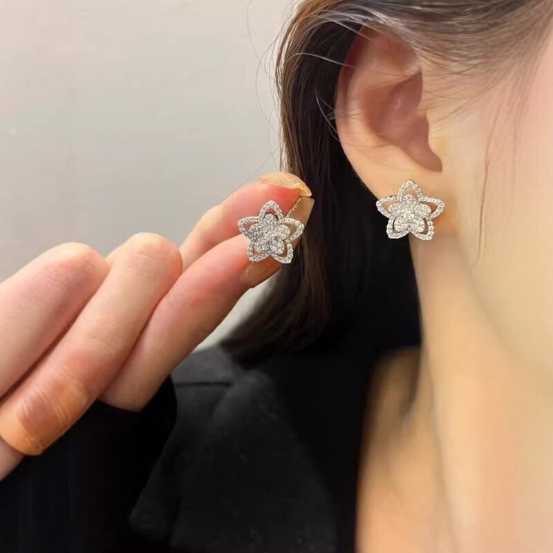 Gejia High-Quality V Gold Full Diamond Five-Pointed Star Earrings for Women, Fashionable Full Diamond Flower Open Ring, Accessible Luxury Style Necklace
