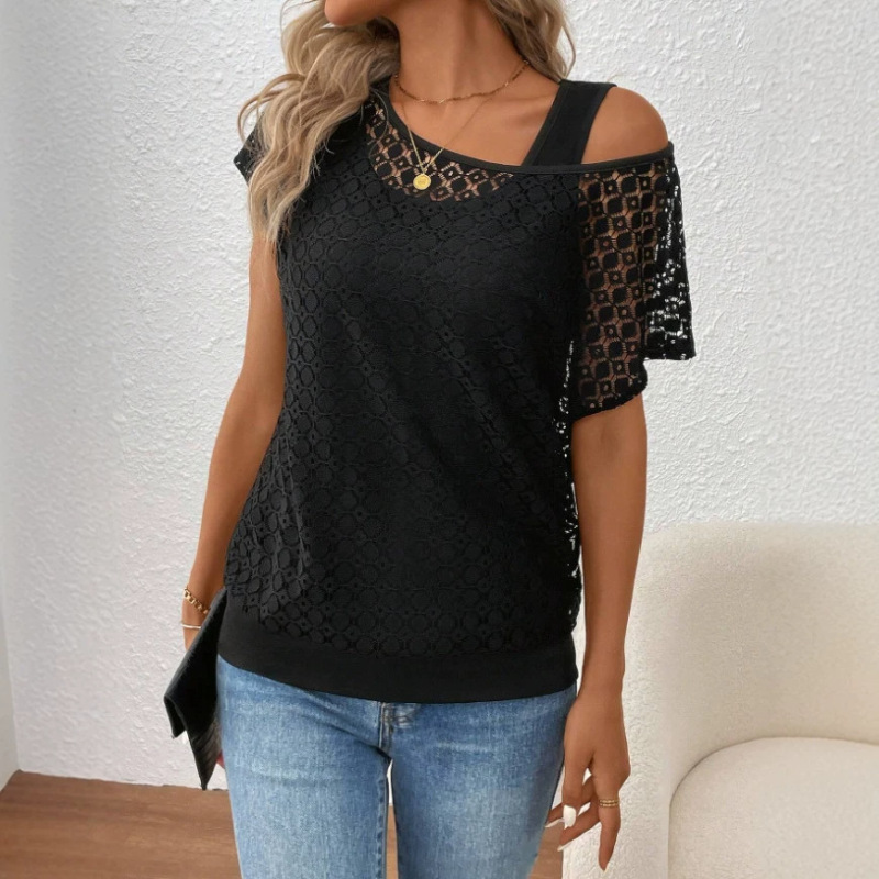 Cross-Border European and American 2026 Summer New Women's Fashion Lace Round Neck Short-Sleeve Faux Two-Piece Knitted T-Shirt