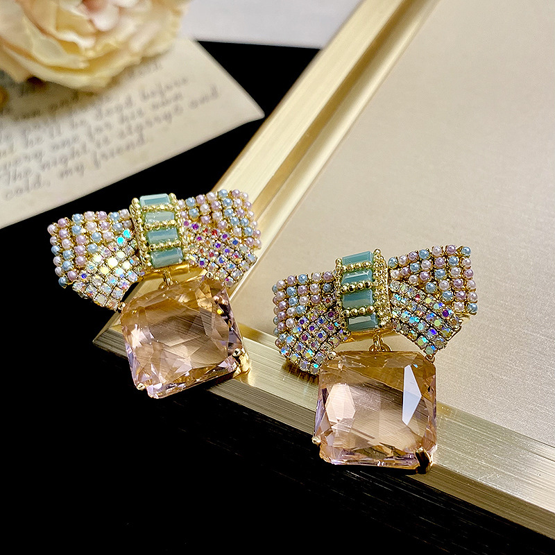 31g Weight Artificial Pearls, Glass Inlay Material Drop Earrings Classification 1 Pair Sweet Bow Knot Inlay Copper Artificial Pearls Glass Drop Earrings