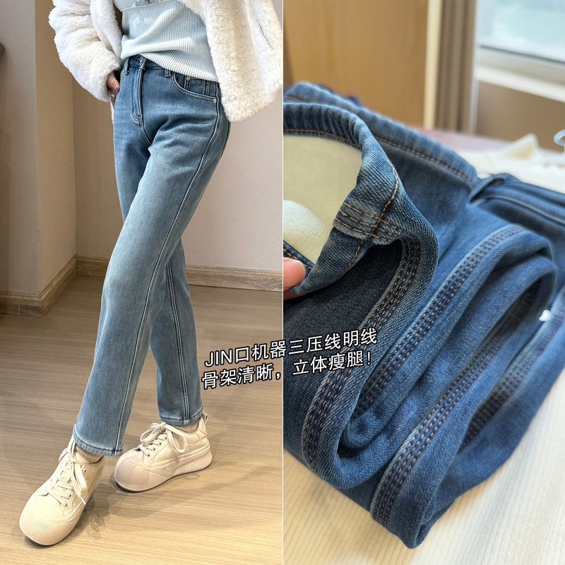 [thick velvet French fries pants] a winter! Ollie velvet high waist slim nine baguette fleece-lined jeans children
