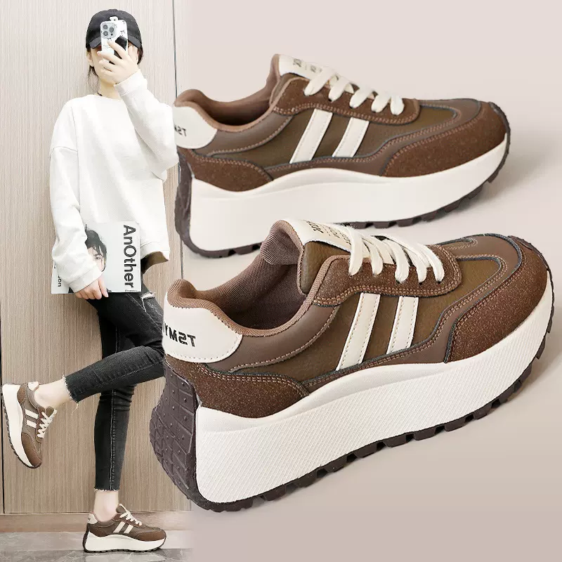 BN022新款2024夏秋季厚底女鞋增高休闲板鞋拼接运动皮面鞋学生潮