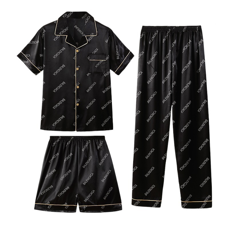 Pijamas de letras de verano para hombres Traje de tres piezas de seda de hielo de manga corta de alto grado para el hogar desgaste exterior juvenil seda real