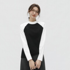 黑白撞色半高领t恤女插肩长袖简约通勤宽松休闲T恤衫叠穿打底上衣