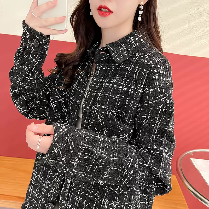 小香风黑色格子衬衫外套女春秋款chic名媛长款上衣oversize欧货