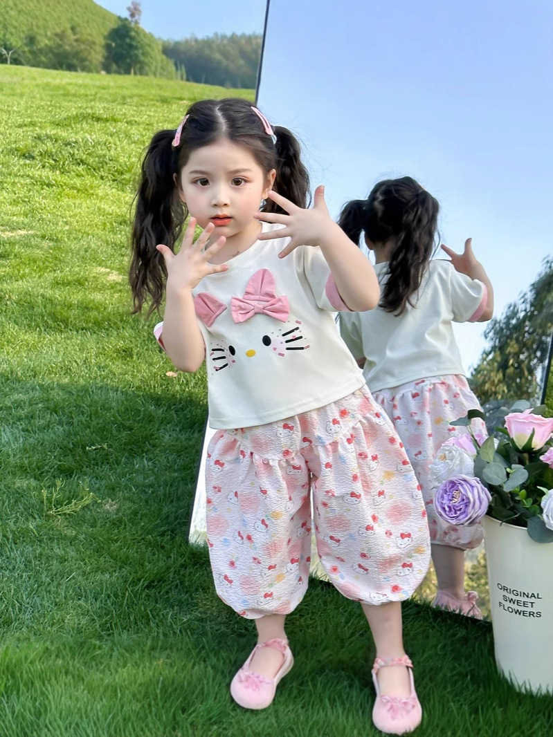 【48時間以内発送】新作おしゃれ女児用白半袖カジュアルツーピースセット 女の子用サマーセット