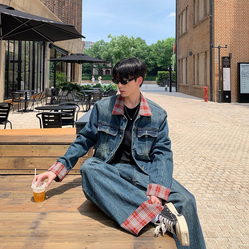 American Style Vintage Plaid Laps Patchwork Denim Jacket Men's and Women's Loose Washed Old suit High Street Jeans Trendy