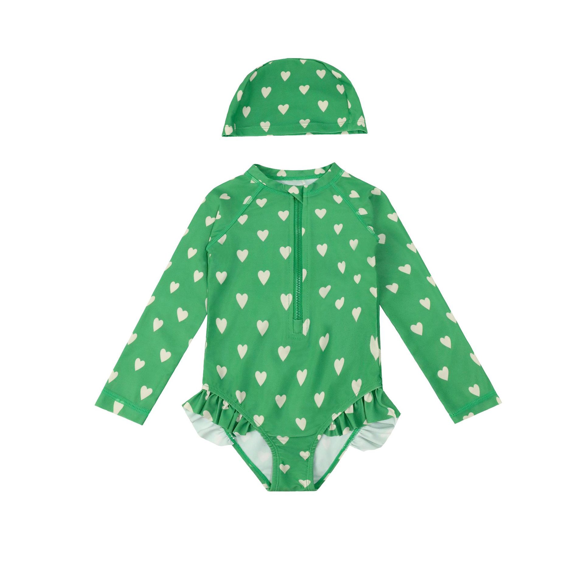 Girls' one-piece emerald green love [free swimming cap of the same color]